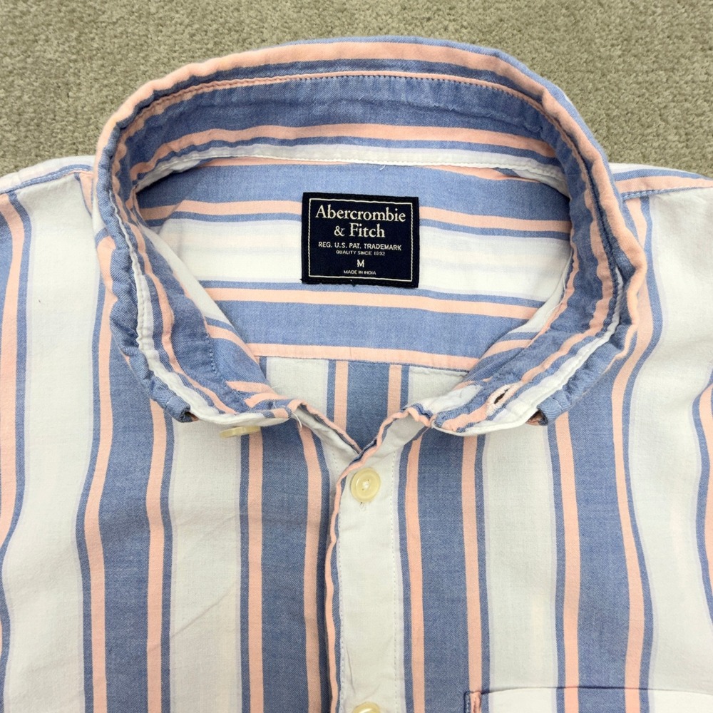 Abercrombie & Fitch Mens Medium Blue Pink Striped Short Sleeve Button Down Shirt